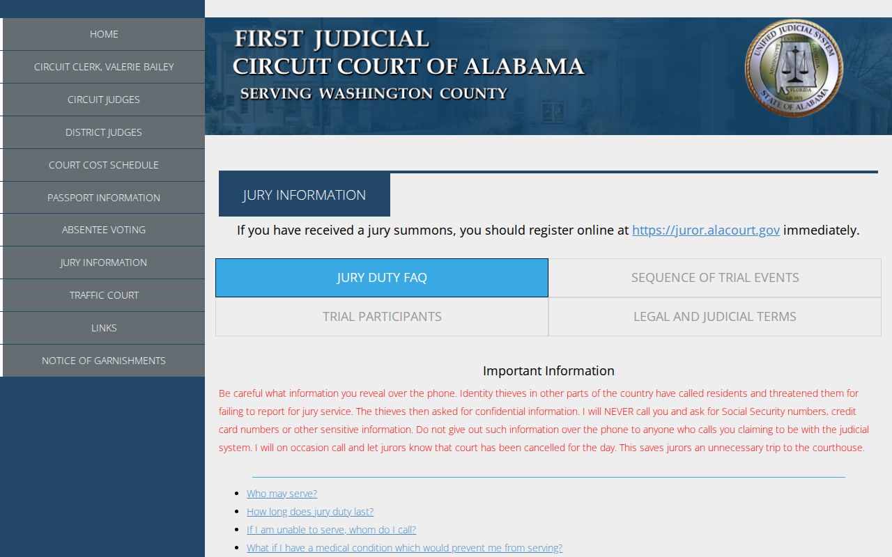 Washington County court docket courthouse and courtroom information