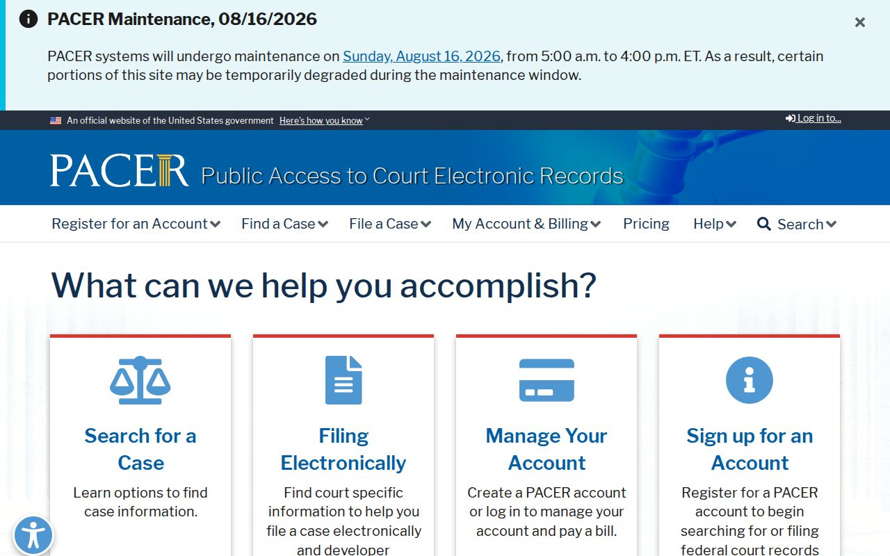 Washington County court docket federal PACER search page