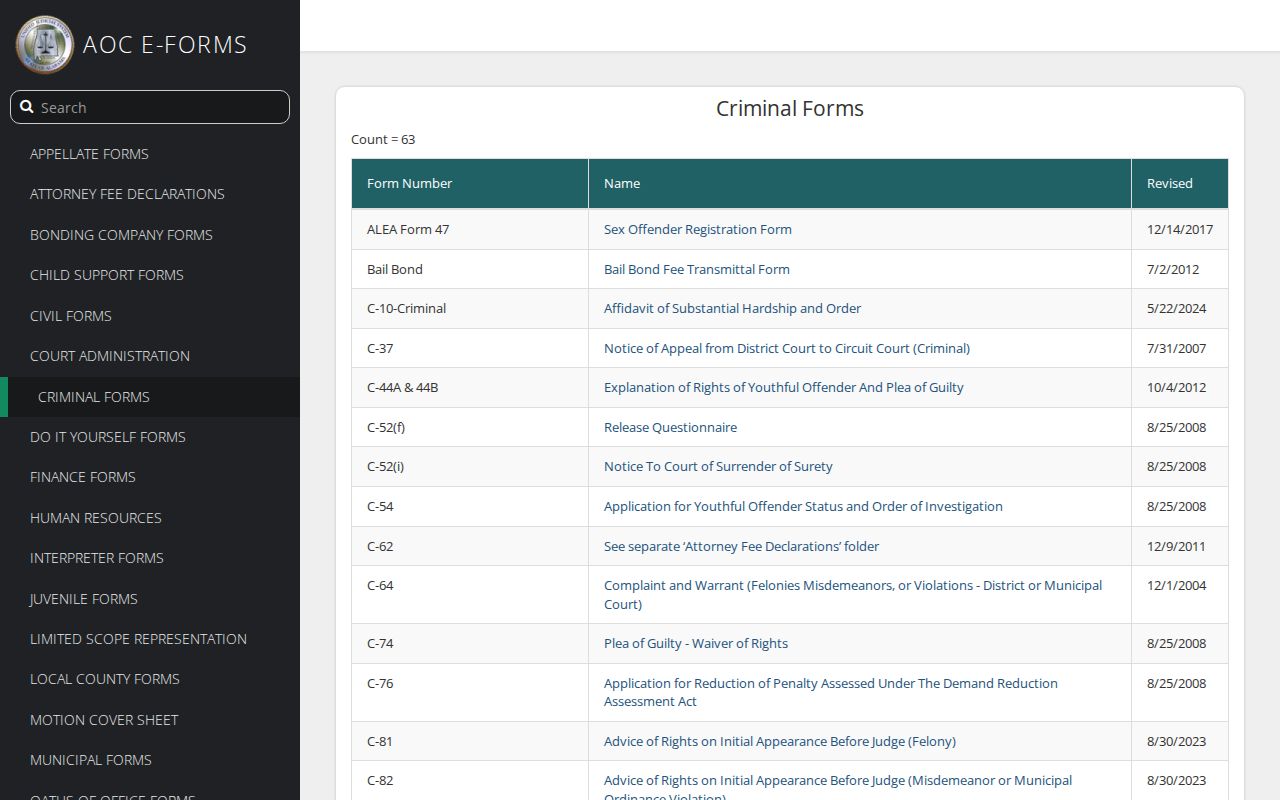 Washington County criminal docket Alabama criminal forms index