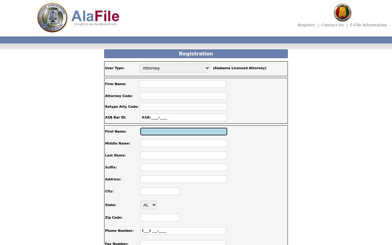 Washington County court records AlaFile registration fields